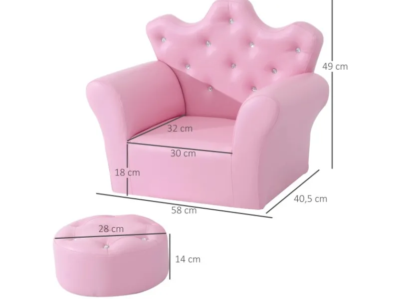 Outlet HOMCOM Kindersofa mit Ottomane in Kronenform Rosa 58 x 40,5 x 49 cm