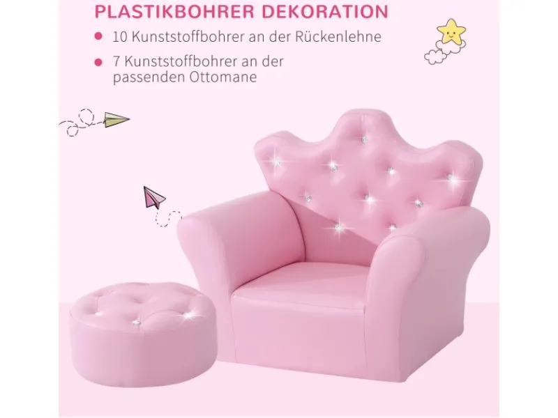 Outlet HOMCOM Kindersofa mit Ottomane in Kronenform Rosa 58 x 40,5 x 49 cm