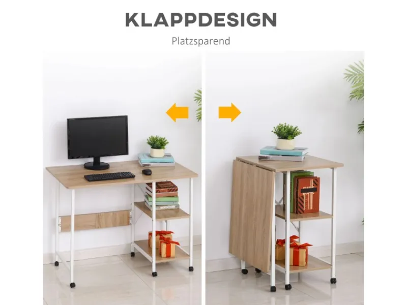 Online HOMCOM Klapptisch Mobiler Computertisch mit Rollen MDF Natur 107 x 55 x 76 cm