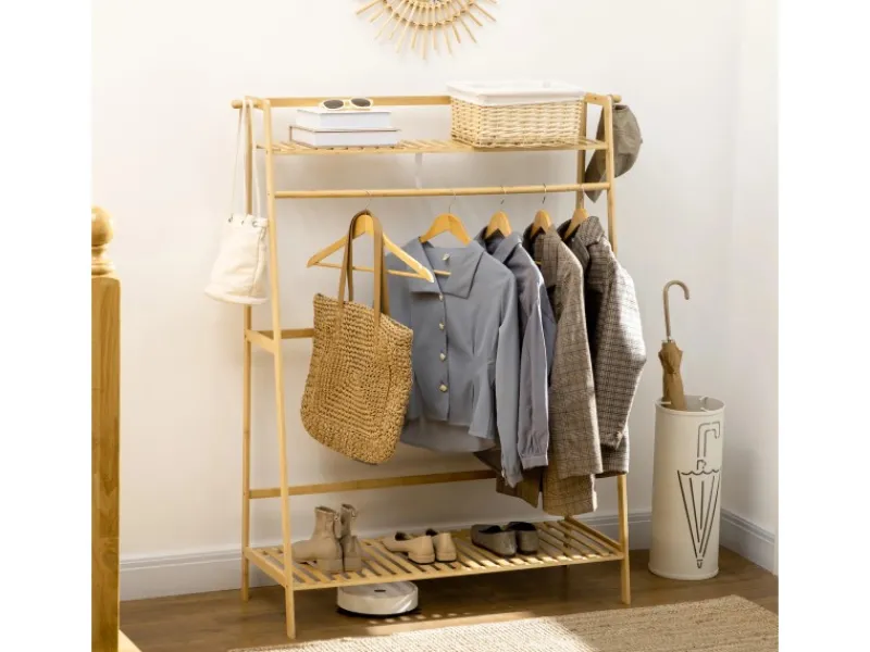 HOMCOM Kleiderständer mit Kleiderhaken Bambus Naturholz 114L x 40B x 139H cm