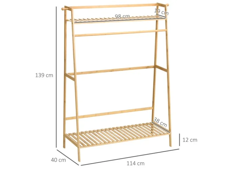 HOMCOM Kleiderständer mit Kleiderhaken Bambus Naturholz 114L x 40B x 139H cm