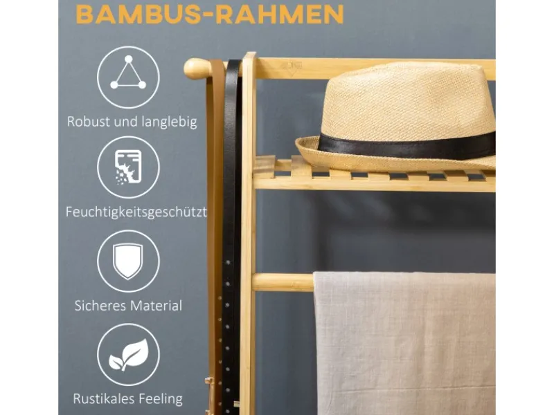 HOMCOM Kleiderständer mit Kleiderhaken Bambus Naturholz 114L x 40B x 139H cm