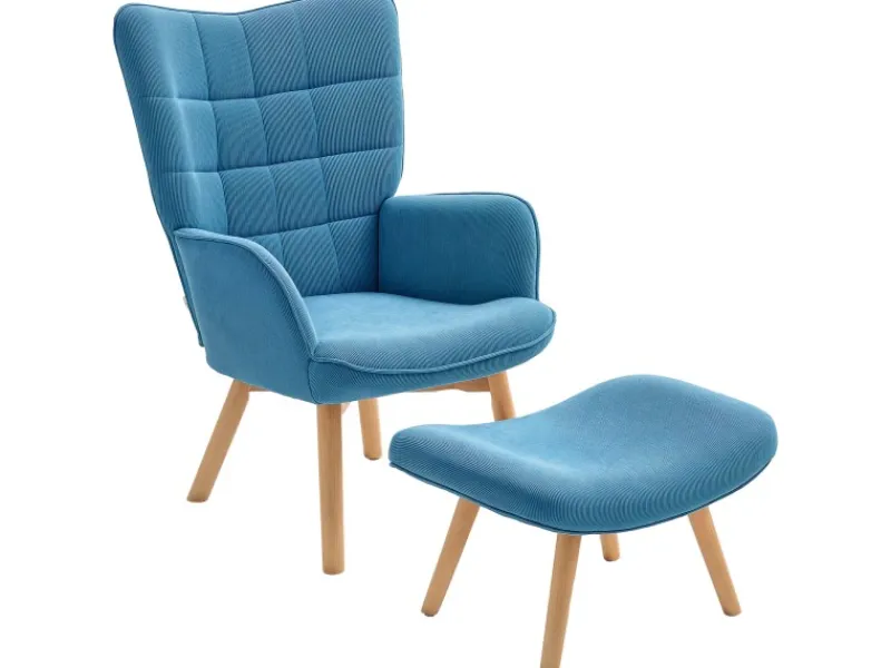 Sale HOMCOM Ohrensessel mit Hocker für Wohnzimmer Kord 72L x 80B x 101H cm Blau