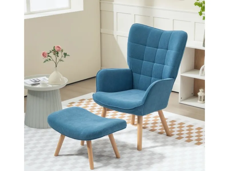 Sale HOMCOM Ohrensessel mit Hocker für Wohnzimmer Kord 72L x 80B x 101H cm Blau