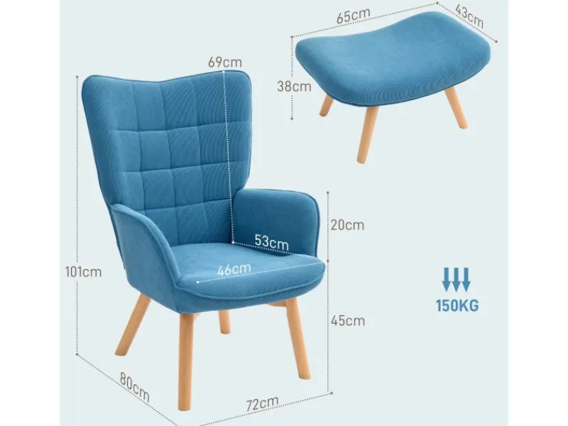 Sale HOMCOM Ohrensessel mit Hocker für Wohnzimmer Kord 72L x 80B x 101H cm Blau