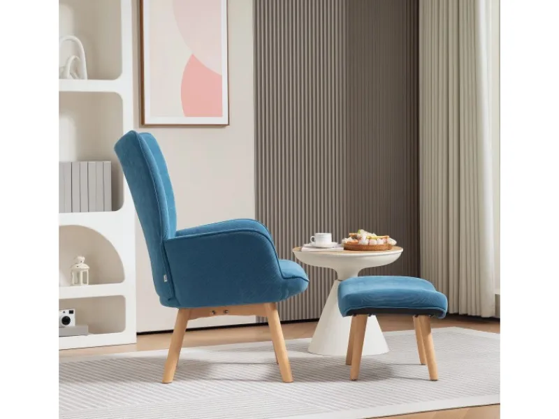 Sale HOMCOM Ohrensessel mit Hocker für Wohnzimmer Kord 72L x 80B x 101H cm Blau