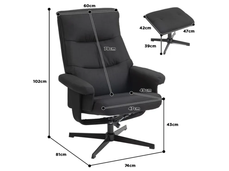 Outlet HOMCOM Relaxsessel mit Hocker Polyester Schwarz 74L x 81B x 102H cm