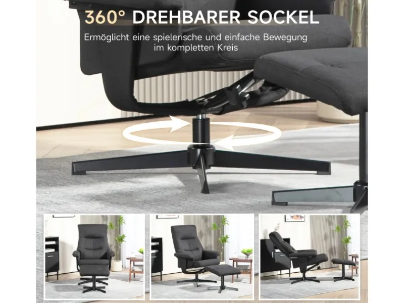 Outlet HOMCOM Relaxsessel mit Hocker Polyester Schwarz 74L x 81B x 102H cm