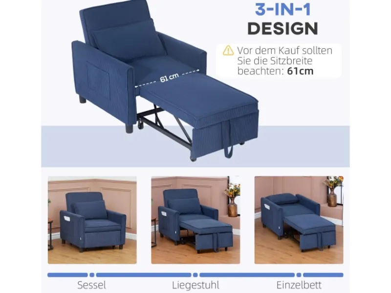 Outlet HOMCOM Schlafsessel Polyester Eukalyptusholz 74L x 84B x 81H cm Blau