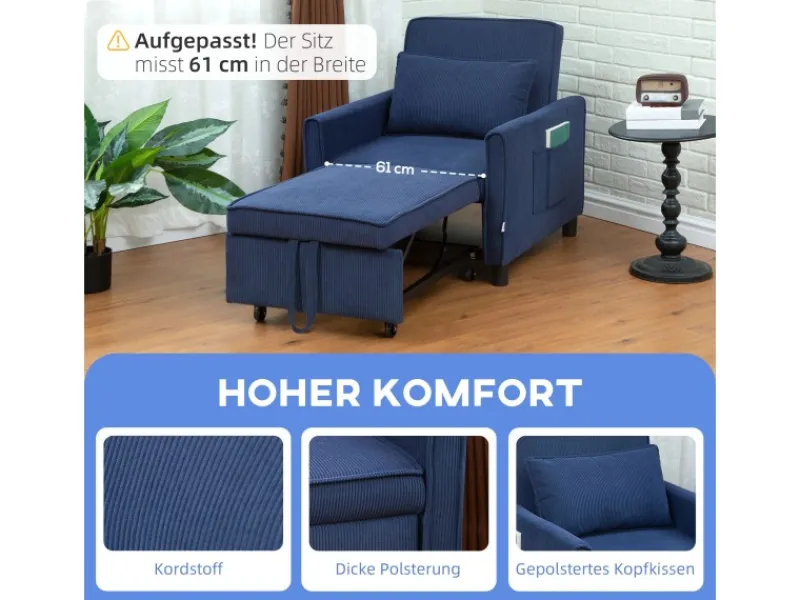 Outlet HOMCOM Schlafsessel Polyester Eukalyptusholz 74L x 84B x 81H cm Blau