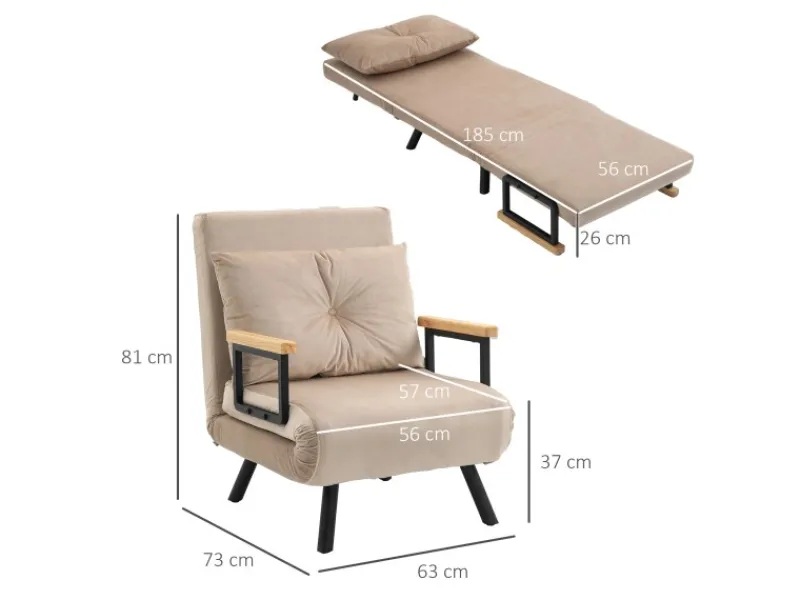 HOMCOM Schlafsofa mit Rückenkissen Stahl Polyester Beige 63L x 73B x 81H cm