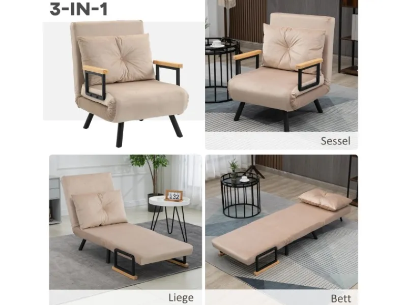 HOMCOM Schlafsofa mit Rückenkissen Stahl Polyester Beige 63L x 73B x 81H cm