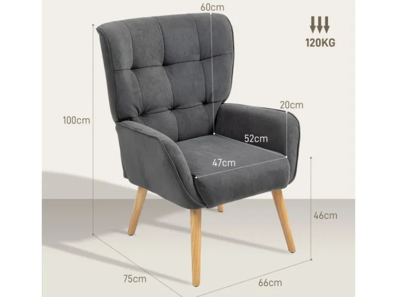 HOMCOM Sessel mit Holzbeine mit Samtoptik Samt Grau 75L x 66B x 100H cm