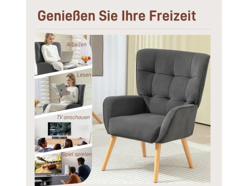 HOMCOM Sessel mit Holzbeine mit Samtoptik Samt Grau 75L x 66B x 100H cm