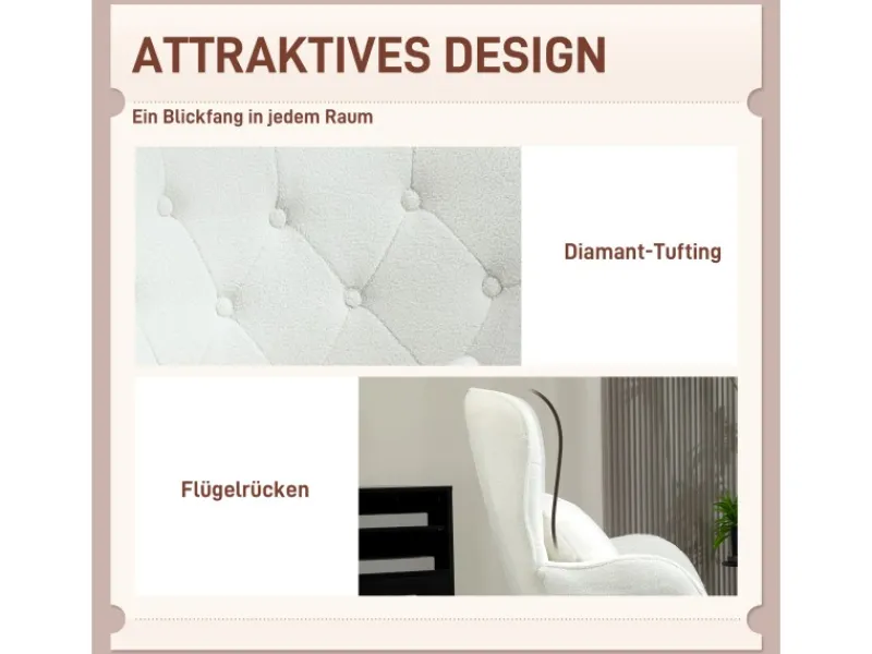 HOMCOM Sessel mit Holzbeine Polyester Weiß 88L x 75B x 106H cm