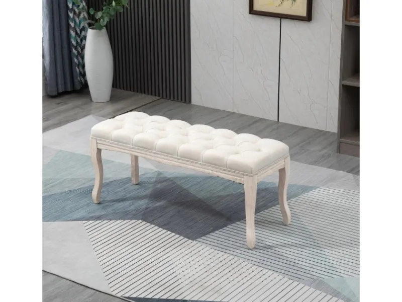 Sale HOMCOM Sitzbank Vintage Schlafzimmer Gummiholz Leinen Beige 110 x 40 x 48 cm