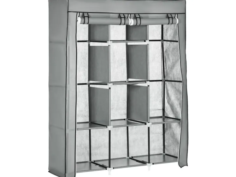 HOMCOM Stoffschrank mit Kleiderstangen 8 Ebenen Faltbar Hellgrau 125x43x162,5cm