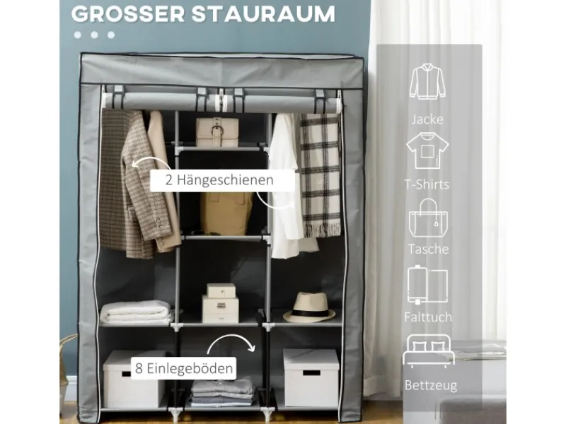 HOMCOM Stoffschrank mit Kleiderstangen 8 Ebenen Faltbar Hellgrau 125x43x162,5cm