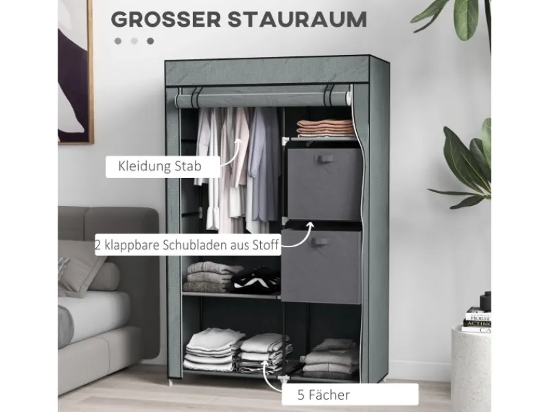 HOMCOM Stoffschrank mit Schubladen Reißverschluss Dunkelgrau 102 x 42,5 x162,5cm