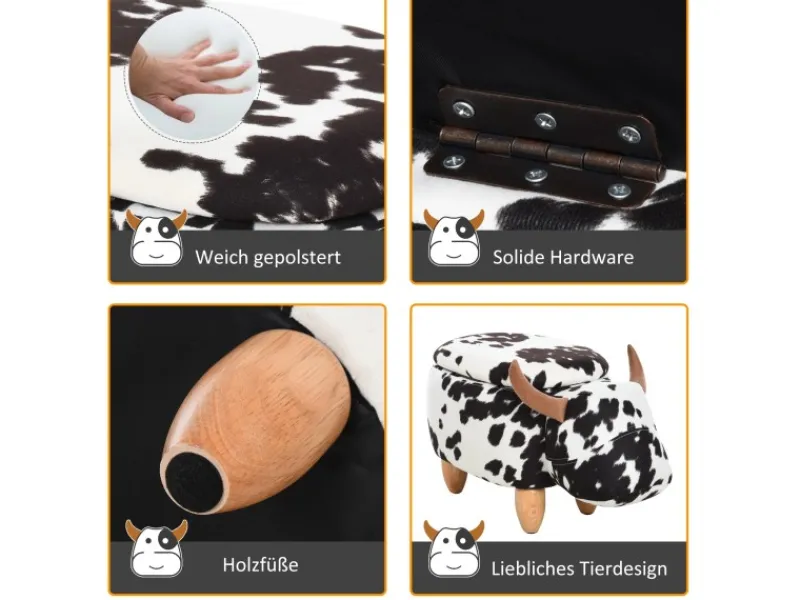 HOMCOM Tierhocker mit Stauraum Schweinchen Fußbank Schwarz Weiß 62 x 35 x 36cm