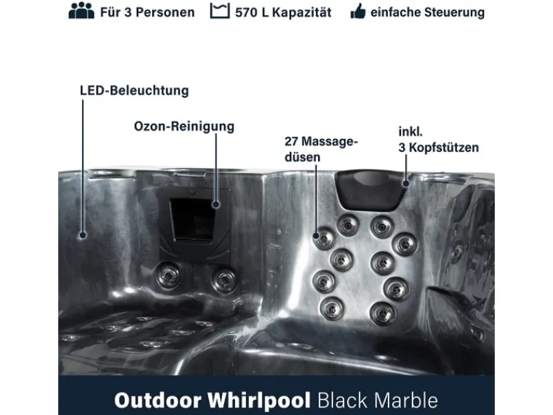Online Home Deluxe Whirlpool Black Marble für 3 Personen 210 x 160 x 85 cm