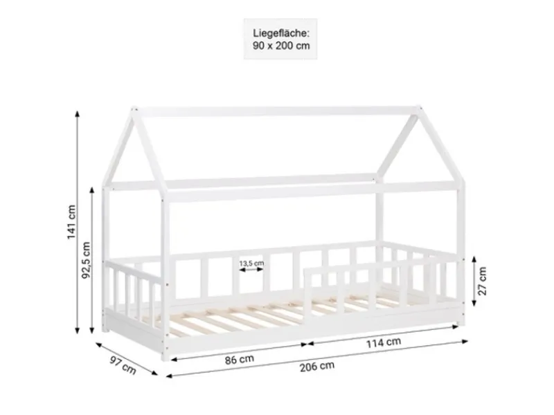 Homestyle4u Bodenbett 90x200 mit Lattenrost in Weiß 2385