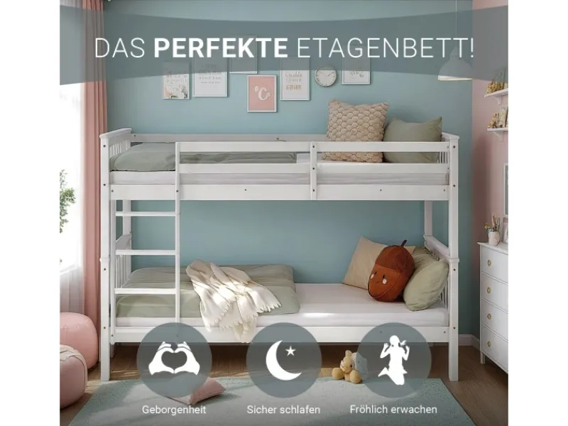 Homestyle4u Etagenbett für Kinder mit Matratzen Hochbett Weiß 90x200 cm 3052