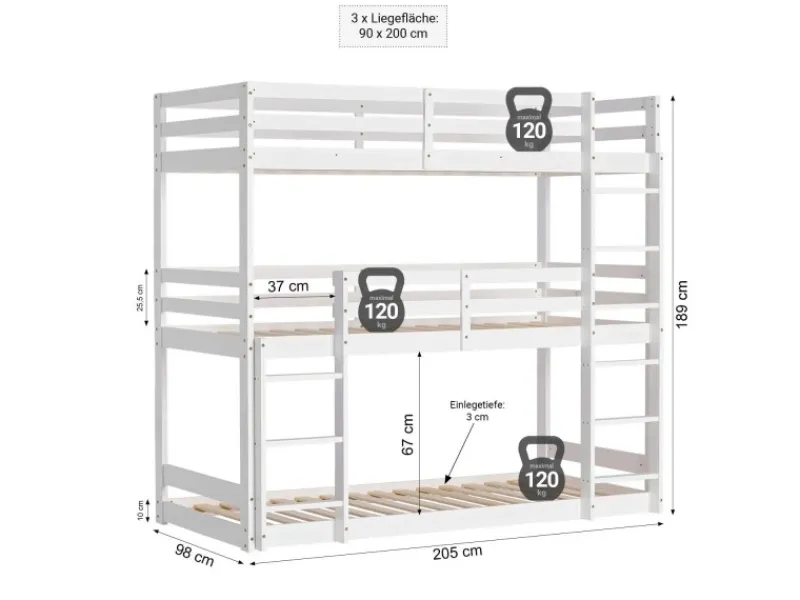 Best Homestyle4u Etagenbett 90x200 cm in Weiß 1978