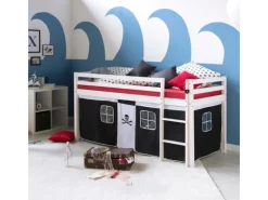 Homestyle4u Hochbett 90x200 mit Vorhang und Lattenrost in Weiß Pirat 2538