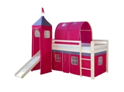 Best Homestyle4u Hochbett 90x200 mit Vorhang Lattenrost Rutsche Tunnel und Turm in Weiß 2579 Pink