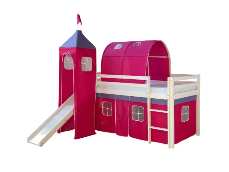 Best Homestyle4u Hochbett 90x200 mit Vorhang Lattenrost Rutsche Tunnel und Turm in Weiß 2579 Pink