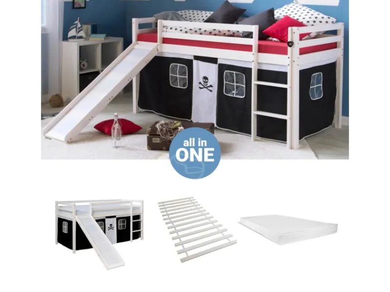 Homestyle4u Hochbett 90x200 mit Vorhang Lattenrost Matratze Rutsche in Weiß Pirat 2546