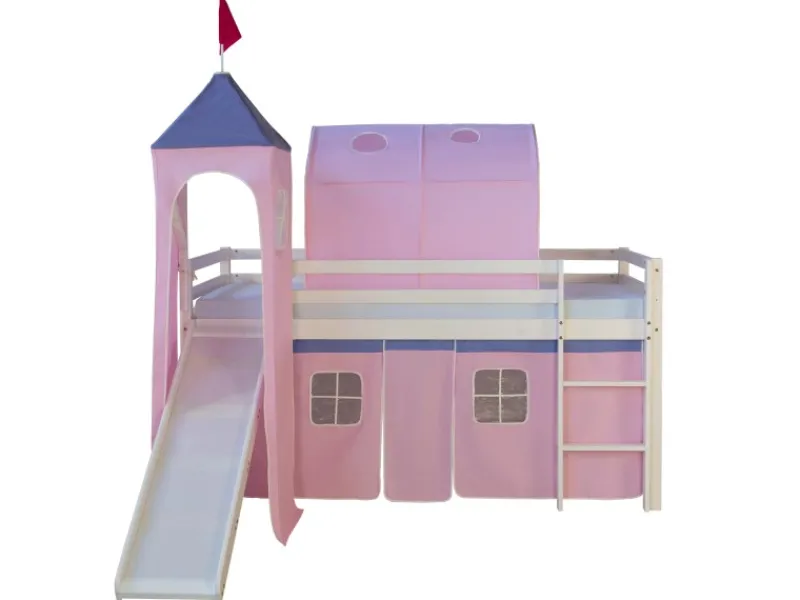 Best Homestyle4u Hochbett 90x200 Weiß mit Rutsche Vorhang 1575 Rosa