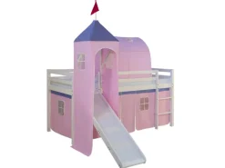 Best Homestyle4u Hochbett 90x200 Weiß mit Rutsche Vorhang 1575 Rosa