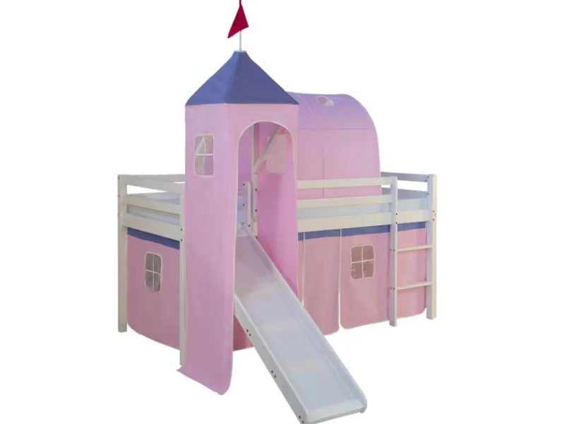 Best Homestyle4u Hochbett 90x200 Weiß mit Rutsche Vorhang 1575 Rosa