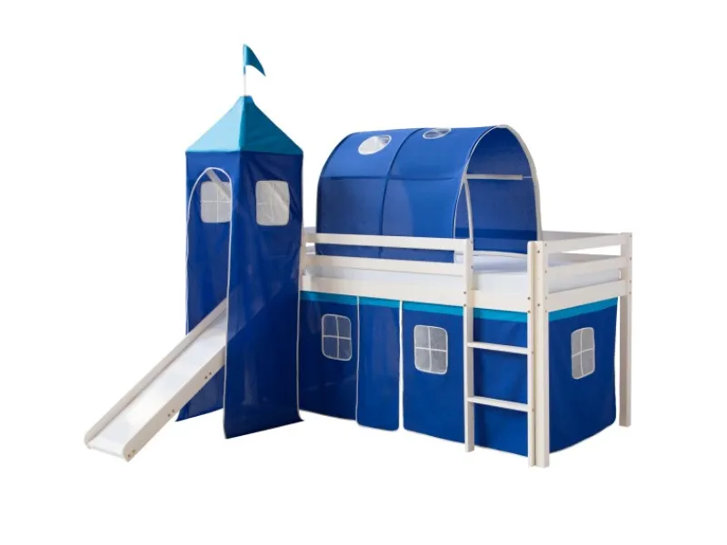 Outlet Homestyle4u Hochbett 90x200 Weiß mit Rutsche Vorhang 1576 Blau