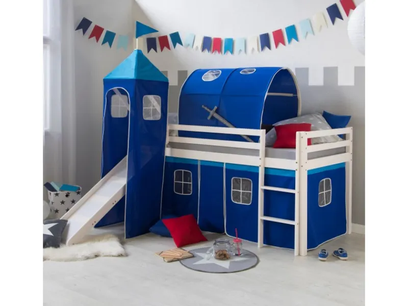 Outlet Homestyle4u Hochbett 90x200 Weiß mit Rutsche Vorhang 1576 Blau