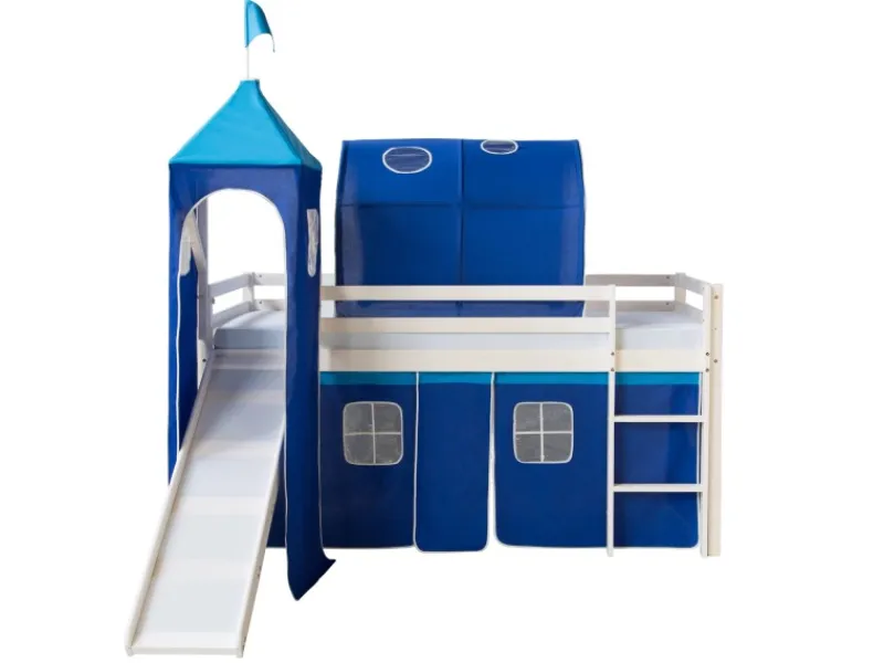 Outlet Homestyle4u Hochbett 90x200 Weiß mit Rutsche Vorhang 1576 Blau