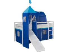 Outlet Homestyle4u Hochbett 90x200 Weiß mit Rutsche Vorhang 1576 Blau