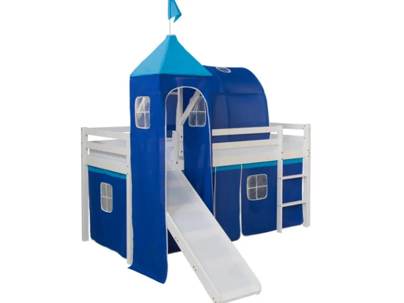 Outlet Homestyle4u Hochbett 90x200 Weiß mit Rutsche Vorhang 1576 Blau