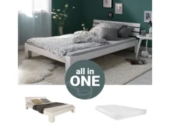 Homestyle4u Holzbett 140 x 200 cm mit Lattenrost und Matratze in Weiß 2263