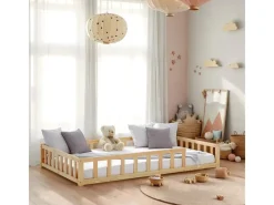 Homestyle4u Kinderbett Natur mit Rausfallschutz 120x200 cm Bodenbett Lattenrost 2839