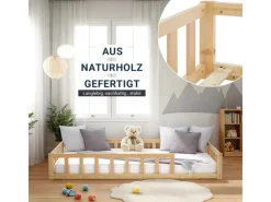 Homestyle4u Kinderbett Natur mit Rausfallschutz 120x200 cm Bodenbett Lattenrost 2839