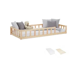 Best Homestyle4u Kinderbett Natur mit Rausfallschutz 90x200 cm Bodenbett Lattenrost Matratze 3025 Nature