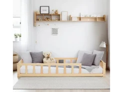 Best Homestyle4u Kinderbett Natur mit Rausfallschutz 90x200 cm Bodenbett Lattenrost Matratze 3025 Nature