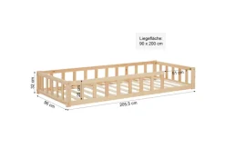 Best Homestyle4u Kinderbett Natur mit Rausfallschutz 90x200 cm Bodenbett Lattenrost Matratze 3025 Nature