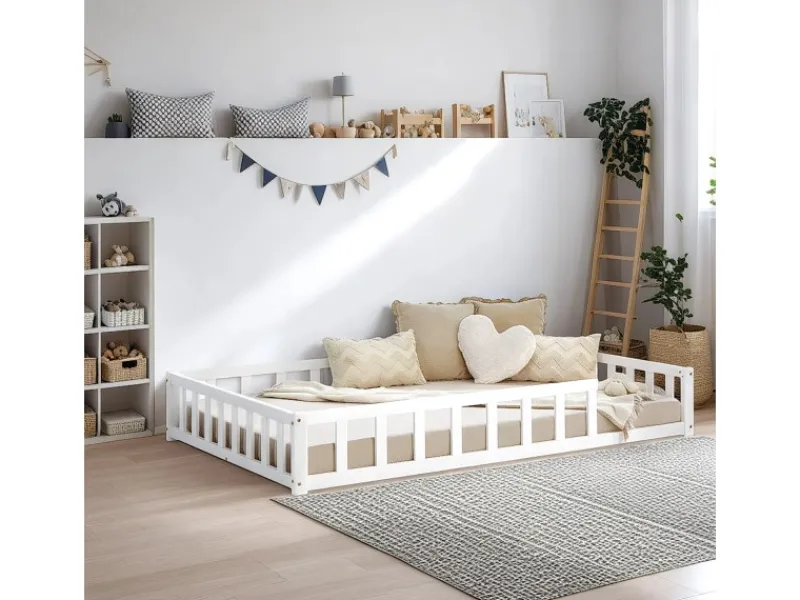 Best Homestyle4u Kinderbett mit Rausfallschutz 120x200 cm Bodenbett Lattenrost 2838 Weiß