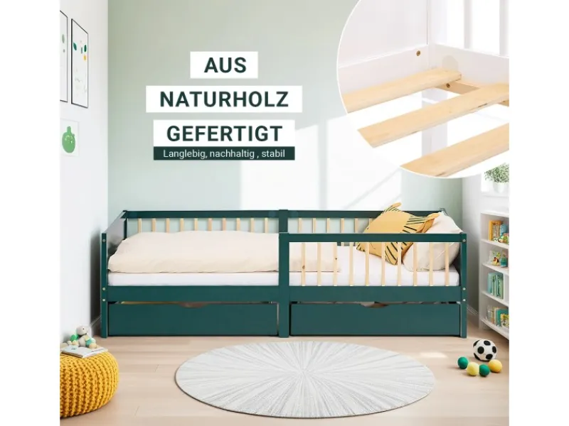 Homestyle4u Kinderbett 90x200 Holzbett mit Rausfallschutz 2912