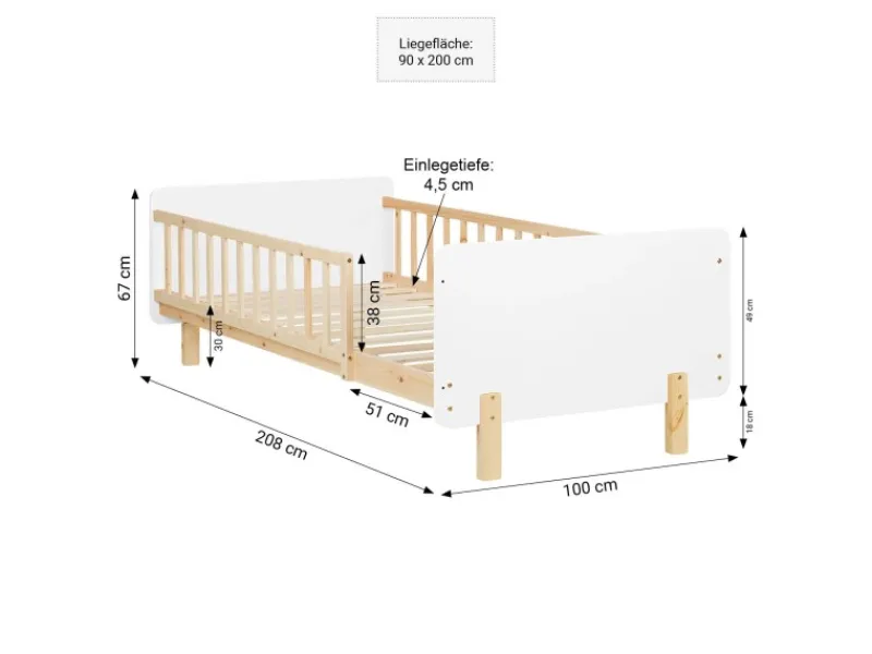 Homestyle4u Kinderbett 90x200 mit Raufallschutz Lattenrost 2604