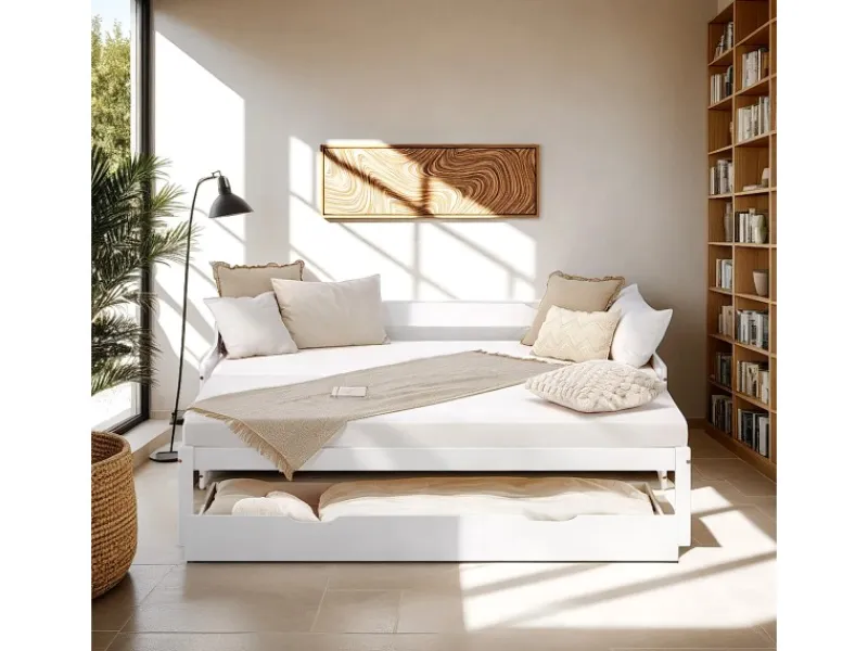 Homestyle4u Tagesbett Ausziehbett 90x200 cm mit Bettkasten Weiß mit Lattenrost 2799